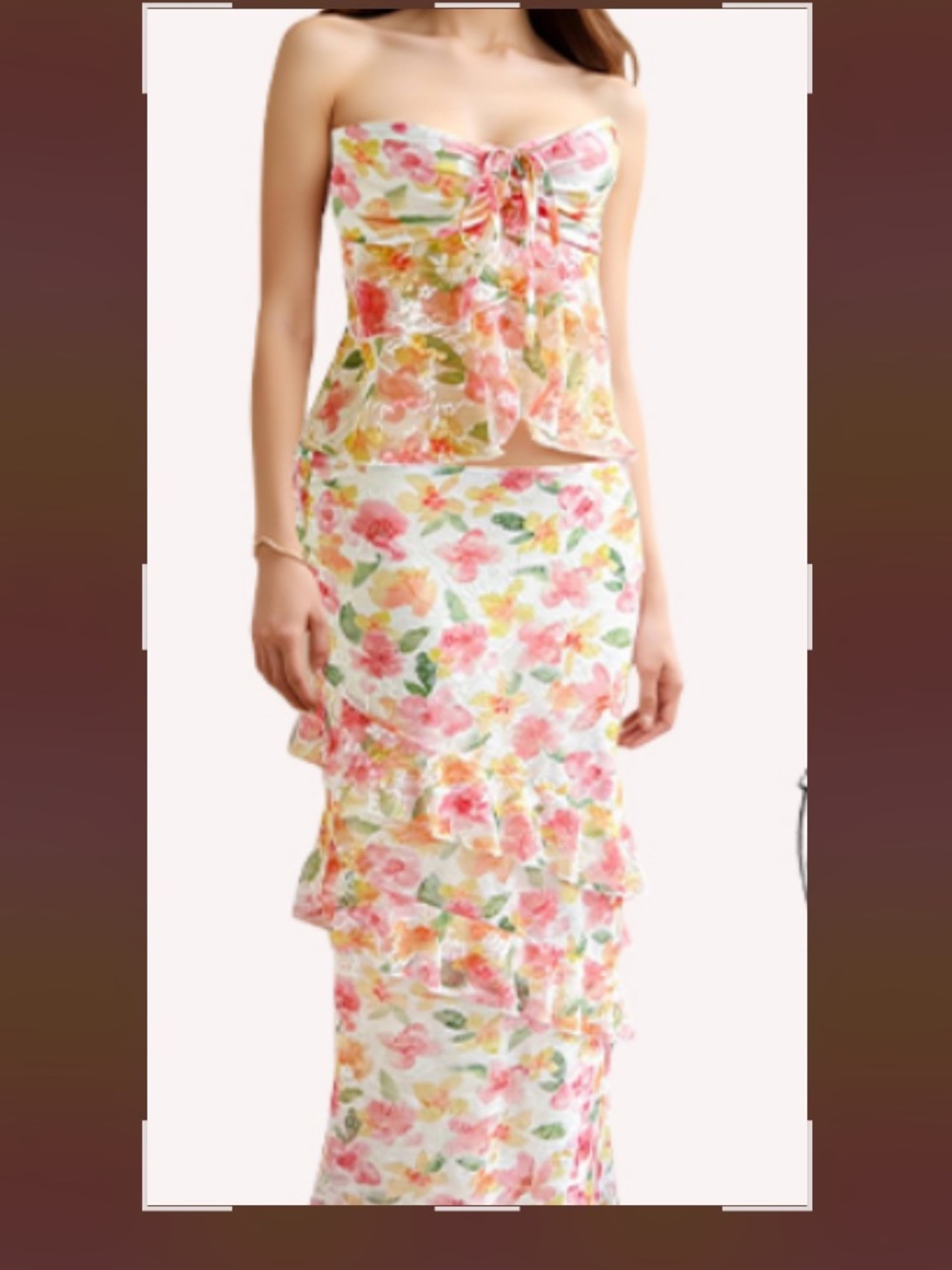 Shein Women's Floral Strapless Bandeau Ruffle Top Maxi Skirts Set Size XS